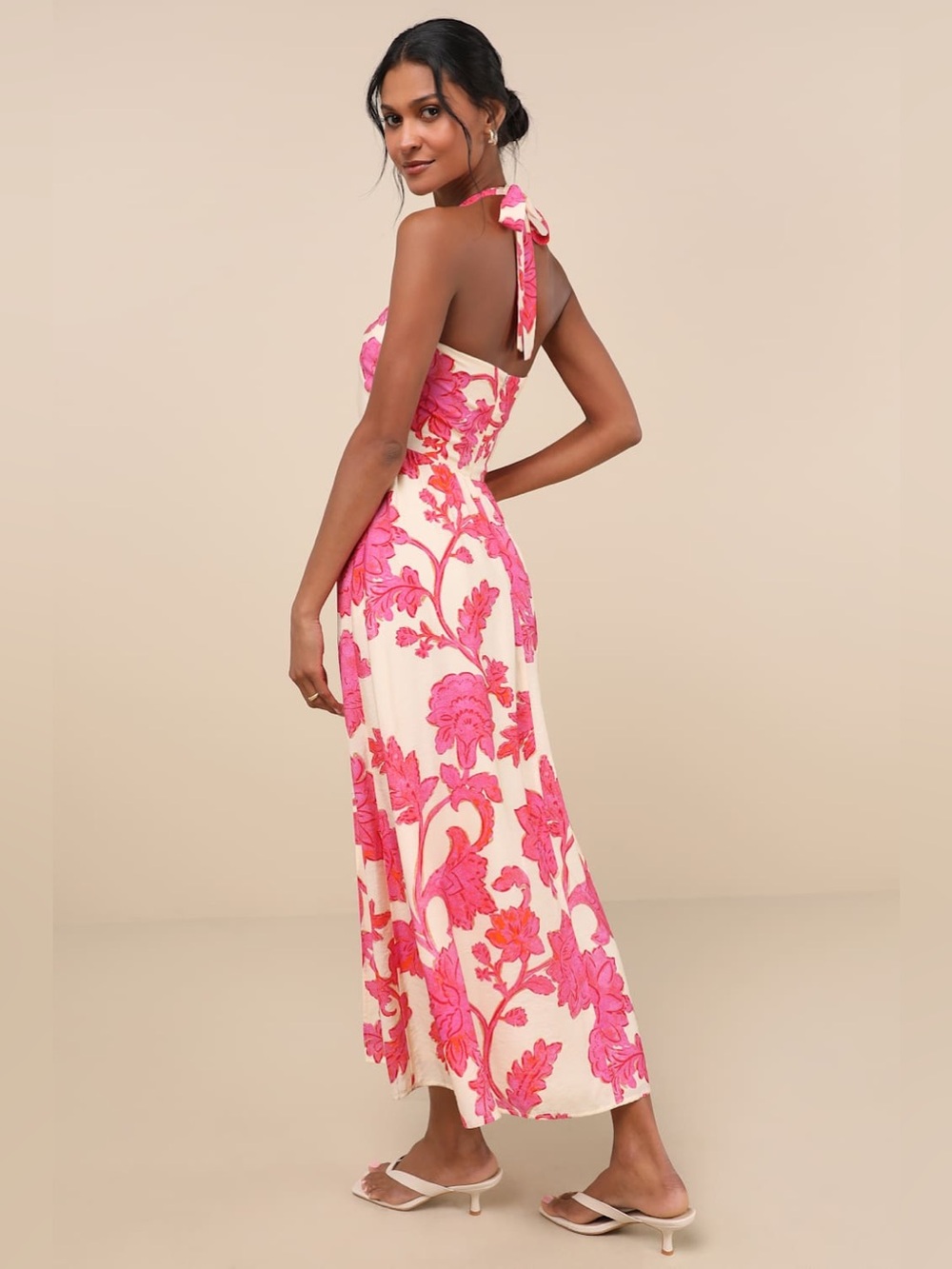 NWT Lulus Layton Pink and Cream Floral Halter Maxi Dress - Size L - Picture 2 of 6